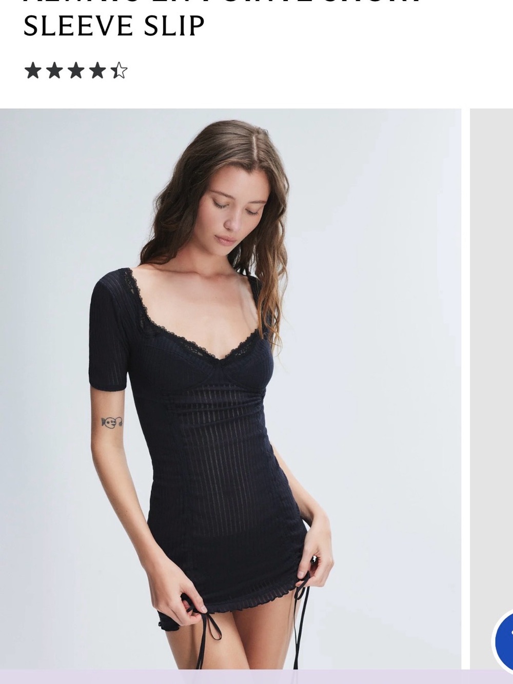 Savage X Fenty Black Pointelle Ribbed Lace-Trim Short Sleeve Slip Dress NWT